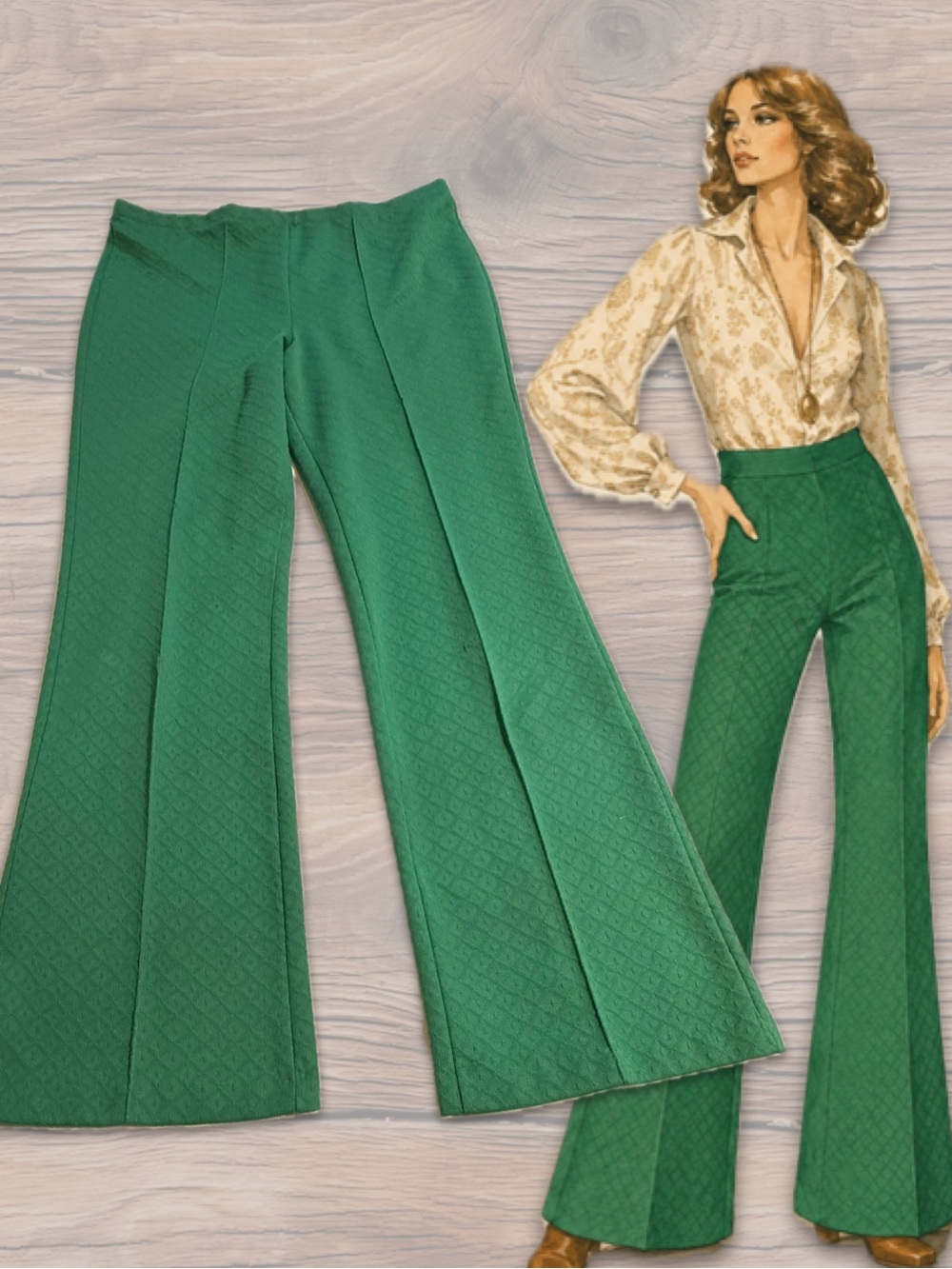 VINTAGE 80s grass green textured polyester pants trousers hip hugger wide flare